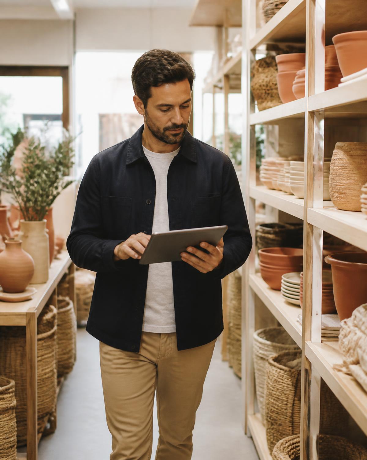 A retail commercial manager reviewing performance on a tablet in store.