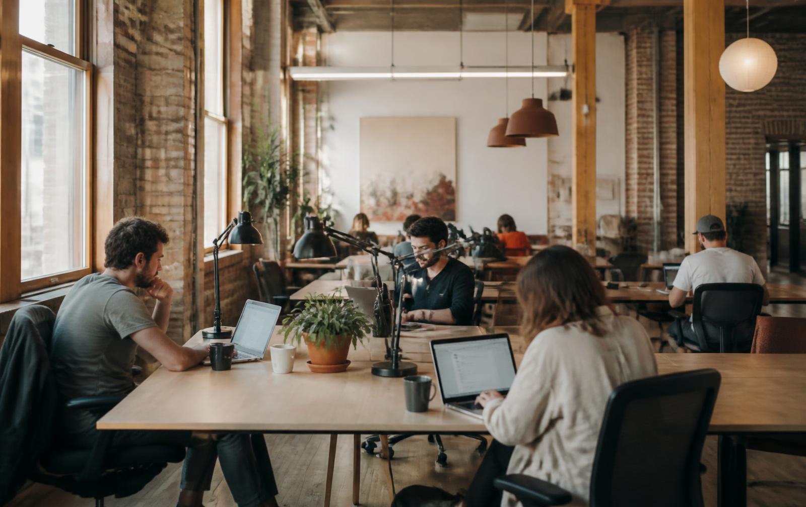 Tinkery's coworking space in Barcelona, with the team working at shared desks.