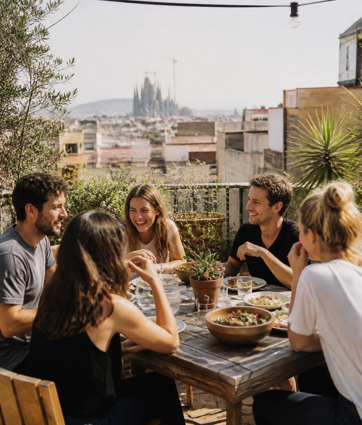 The Tinkery team sharing lunch on a rooftop terrace in Barcelona.
